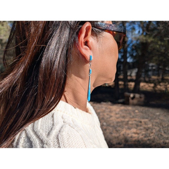 Zuni Dangle Earrings Signed Genuine Native Amer Jewelry Turquoise *** - Picture 6 of 10